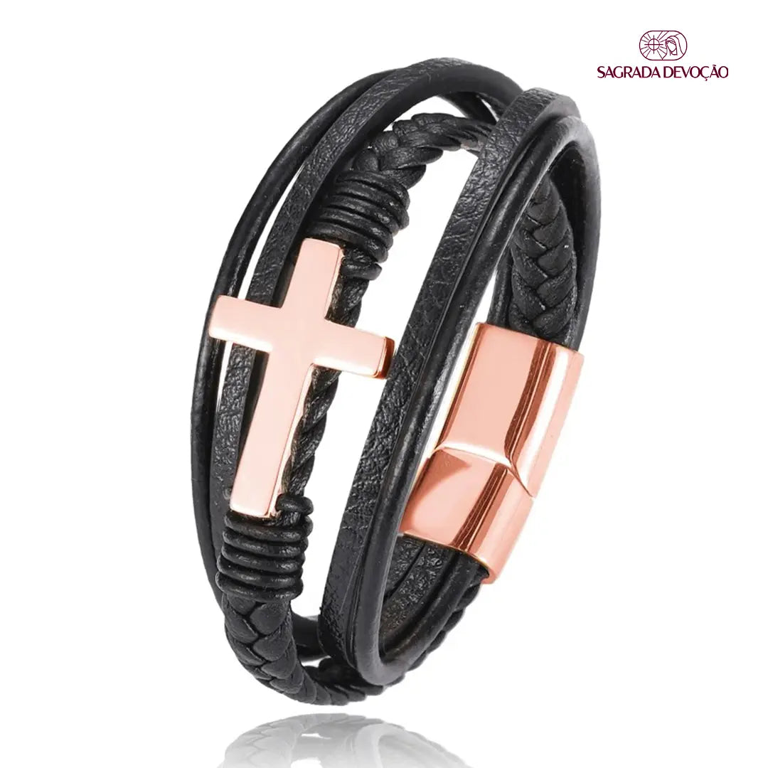 Pulseira de Couro Trançada - Cruz Aço Inoxidável