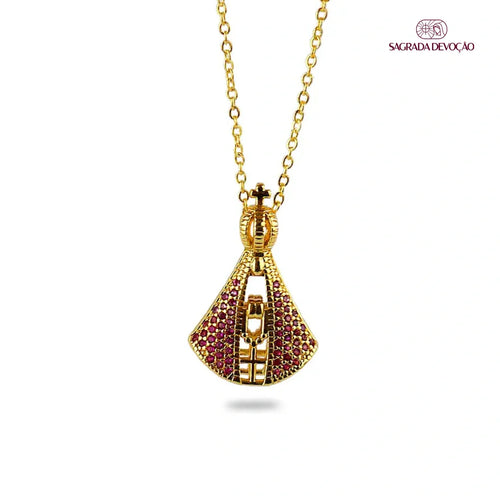 Colar Nossa Senhora Aparecida - Dupla Face com Manto de Zircônia Rosa