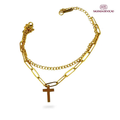 Pulseira de Cruz Feminina - Ouro 14K e Prata 925