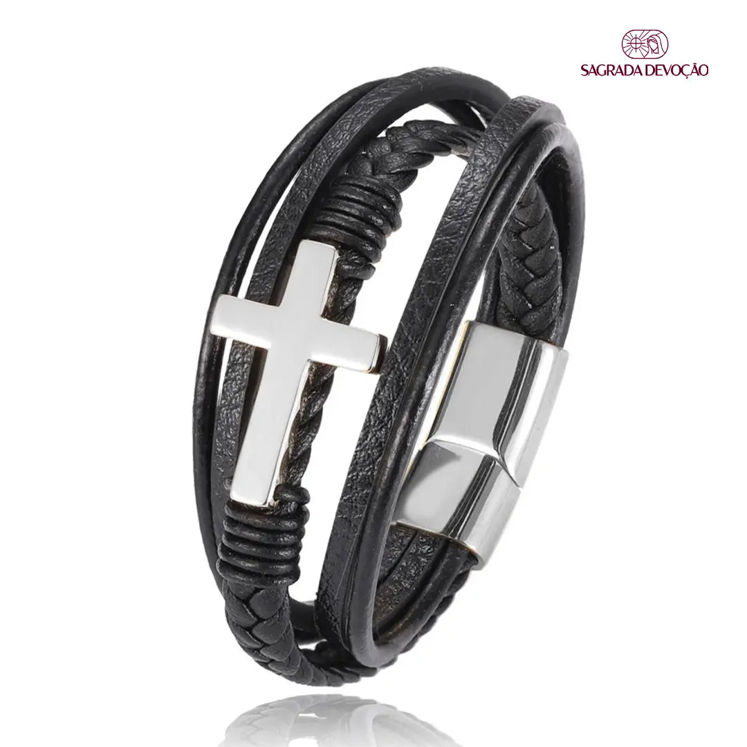 Pulseira de Couro Trançada - Cruz Aço Inoxidável