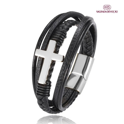 Pulseira de Couro Trançada - Cruz Aço Inoxidável