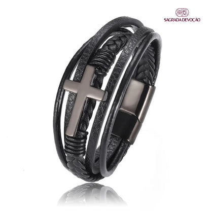 Pulseira de Couro Trançada - Cruz Aço Inoxidável
