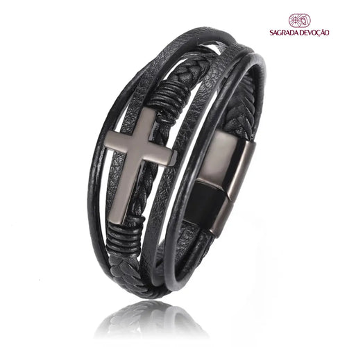 Pulseira de Couro Trançada - Cruz Aço Inoxidável