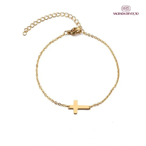 Pulseira de Crucifixo Inoxidável e Folheada a Ouro