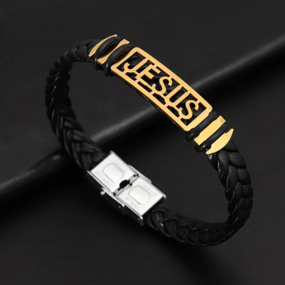 Pulseira de Couro Jesus em Aço Inoxidável